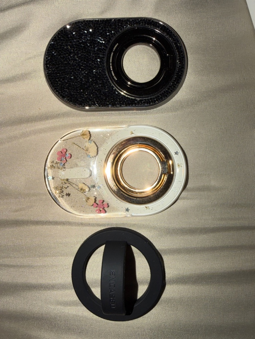 3 MagSafe Phone Ring Holders - Black Crystals, Clear with Gold, & Matte Black